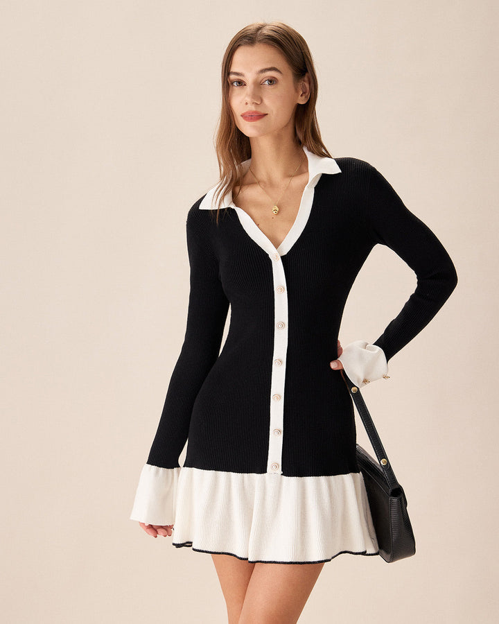 Elena | Black Knit Dress with Trumpet Sleeves